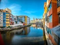 Girona and the famous Colorful yellow and orange houses  reflected in water Royalty Free Stock Photo