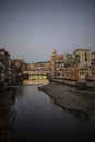 Girona river houses famous landmark at sunset with cathedral skyline