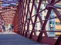 Inside of the red iron Eiffel bridge over Onyar river, Girona Royalty Free Stock Photo