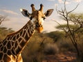 Girrafe portrait close up over savanna background. Girrafe in savannah. Giraffe\'s head in front of desert plants