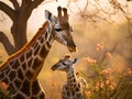 Girrafes. Touching momemnt of giraffe mother taking care of her little cub. Animal mother care. Giraffes in savannah in their