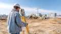 GIS Day. Surveyor on construction site utilizing optical leveling instrument for Royalty Free Stock Photo