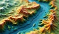 GIS geodata mapping concept detailed layers geographic data. Vibrant map highlights intricate topographical features. River flows