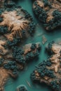 A GIS visualization on a 3D terrain map with forest and river data overlays.