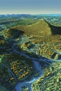 A GIS visualization on a 3D terrain map with forest and river data overlays.