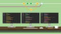 Git code repository concept illustration with 3 monitor code program