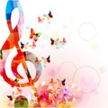 Music background with colorful G-clef and butterflies vector illustration design. Artistic music festival poster, live concert eve Royalty Free Stock Photo