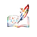 Colorful Arabic Islamic calligraphy symbols with open book vector illustration. Creative writing, education concept background Royalty Free Stock Photo