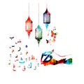 Colorful Arabic Islamic calligraphy symbols with Ramadan lamps and hand holding pencil vector illustration