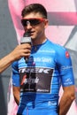 Giulio Ciccone on the podium of the sixth stage of the 102nd Tour of Italy Cassino-San Giovanni Royalty Free Stock Photo