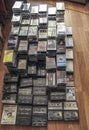 Audio cassette collection on the floor
