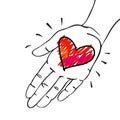 Give away his heart - Hand with decorative red-pink heart- hand-drawn vector