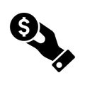 Give dollar, hand money icon. Black vector graphics