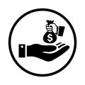 Give dollar, hand money icon. Black vector sketch