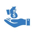 Give dollar, hand money icon. Blue vector sketch