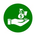 Give dollar, hand money icon. Green vector sketch