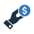 Give dollar, hand money icon. Simple editable vector illustration