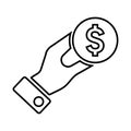 Give dollar, hand money outline icon. Line art vector