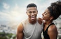 They give each other strength. a sporty young couple exercising together outdoors. Royalty Free Stock Photo