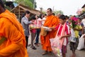 Give food offerings to a Buddhist monk in Morning Royalty Free Stock Photo