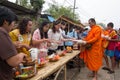 Give food offerings to a Buddhist monk in Morning Royalty Free Stock Photo