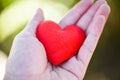 Give Love Man holding small red Heart in hands for love Valentines day Donate Help Give love warmth take care Royalty Free Stock Photo