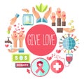 Give love social charity vector poster for blood donation and volunteer fund organization