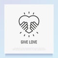 Give love thin line icon. Hands holding heart. Symbol of child adoption, support and charity. Logo for donation community. Modern Royalty Free Stock Photo