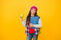 Give me break. Happy child hold apple yellow background. Little girl enjoy school break. Healthy eating and snacking