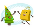 Give me high-five! Cartoon New Year or Christmas Tree Character and Shopping Bag Character giving high-five