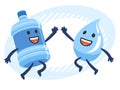 Give me high-five! Cartoon Water Bottle Character and Cartoon Water Drop Character giving high-five. Bottled water delivery