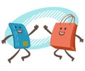 Give me high-five! Credit card character and shopping bag character giving high-five