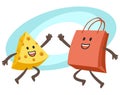 Give me high-five! Happy Cheese Character and Shopping Bag Character giving high-five