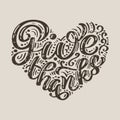 Give thanks calligraphy text in form of heart. Logo isolated label or logotype. Vintage badge in scandinavian style