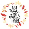 Give thanks with a grateful heart - hand drawn latin Thanksgiving Day lettering quote with autumn wreath isolated Royalty Free Stock Photo