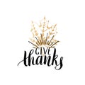 Give Thanks vector lettering. Maple leaf hand sketch illustration for Thanksgiving invitation or greeting card.