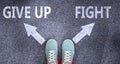 Give up and fight as different choices in life - pictured as words Give up, fight on a road to symbolize making decision and