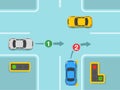 Give Way Rules At Traffic Lights With A Green Arrow. Blue Sedan Car Is About To Turn Right.