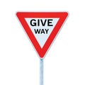 Give way text priority yield road traffic sign, large detailed isolated roadside signage closeup Royalty Free Stock Photo
