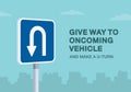 Give way to oncoming vehicle and make a u-turn road sign. Close-up view. Royalty Free Stock Photo