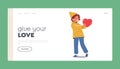 Give your Love Landing Page Template. Charity, Gratitude, Donation Concept. Little Boy Character Holding Big Red Heart Royalty Free Stock Photo