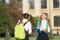 Give yourself time to recharge. Happy children enjoy break sunny outdoors. Little girl take snack break. Healthy eating Royalty Free Stock Photo