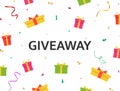 Giveaway banner with bright gift boxes and color confetti. Giveaway winner poster. Social media background. Design