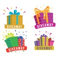 Giveaway banner, prize in colorful boxes with ribbons. Special offer for gift winner in black friday event or and contest.