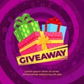 Giveaway banner template. Winning offer, gifts or sale winner card. Minimal bright poster with colorful surprise boxes