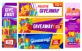 Giveaway colorful banners. Giving gifts, present boxes with ribbons. Winning award or prize social media post Royalty Free Stock Photo