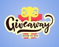 Giveaway enter to win hand lettering with gift on blue background. Vector illustrator Royalty Free Stock Photo