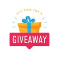 Giveaway logo template for social media post or website banner. Give away text with red label and gift box background vector