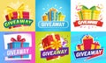 Giveaway post. Give away gifts, winner reward and gift prize draw social media posts vector illustration set