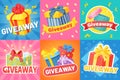 Giveaway poster with gift boxes, social media promo banner. Cartoon presents with ribbons, giveaways announcements